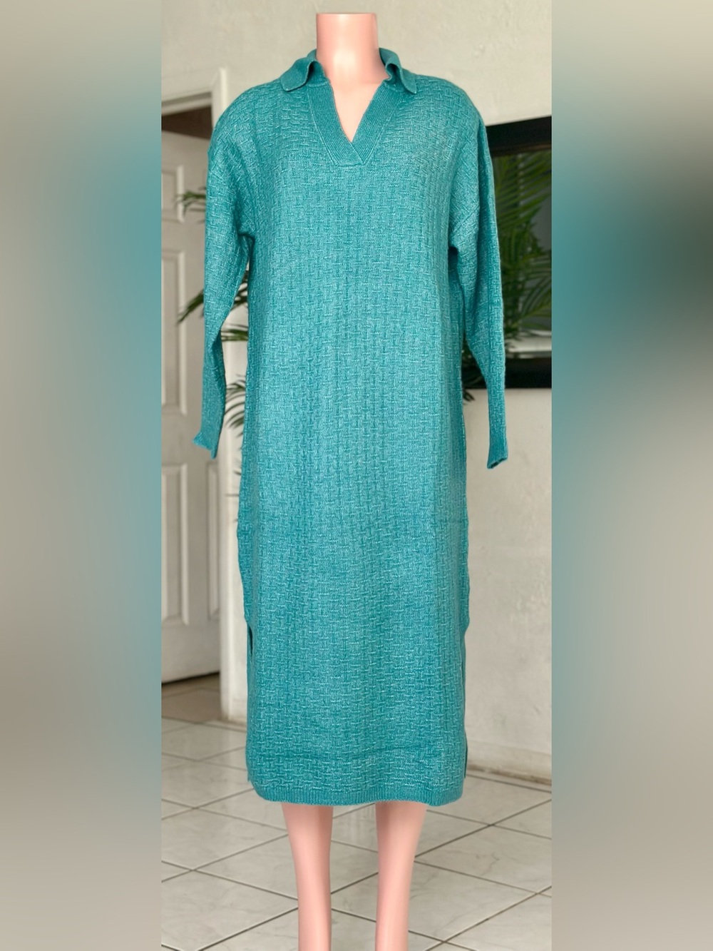 FRNCH Teal Collared Knit Midi Dress
